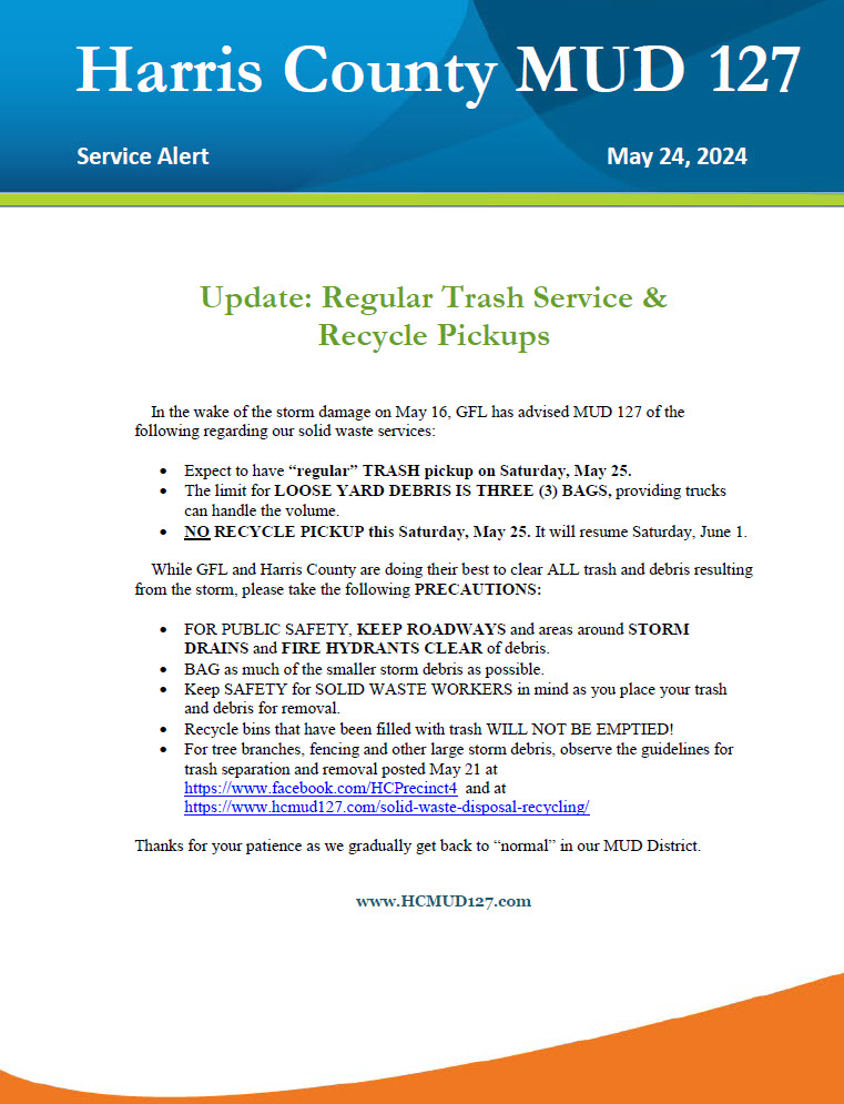 Update re Trash Service and Recycle Pickup