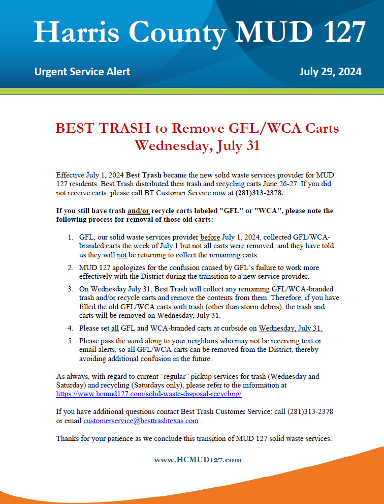 Urgent Service Alert: GFL/WCA Cart Removal July 31